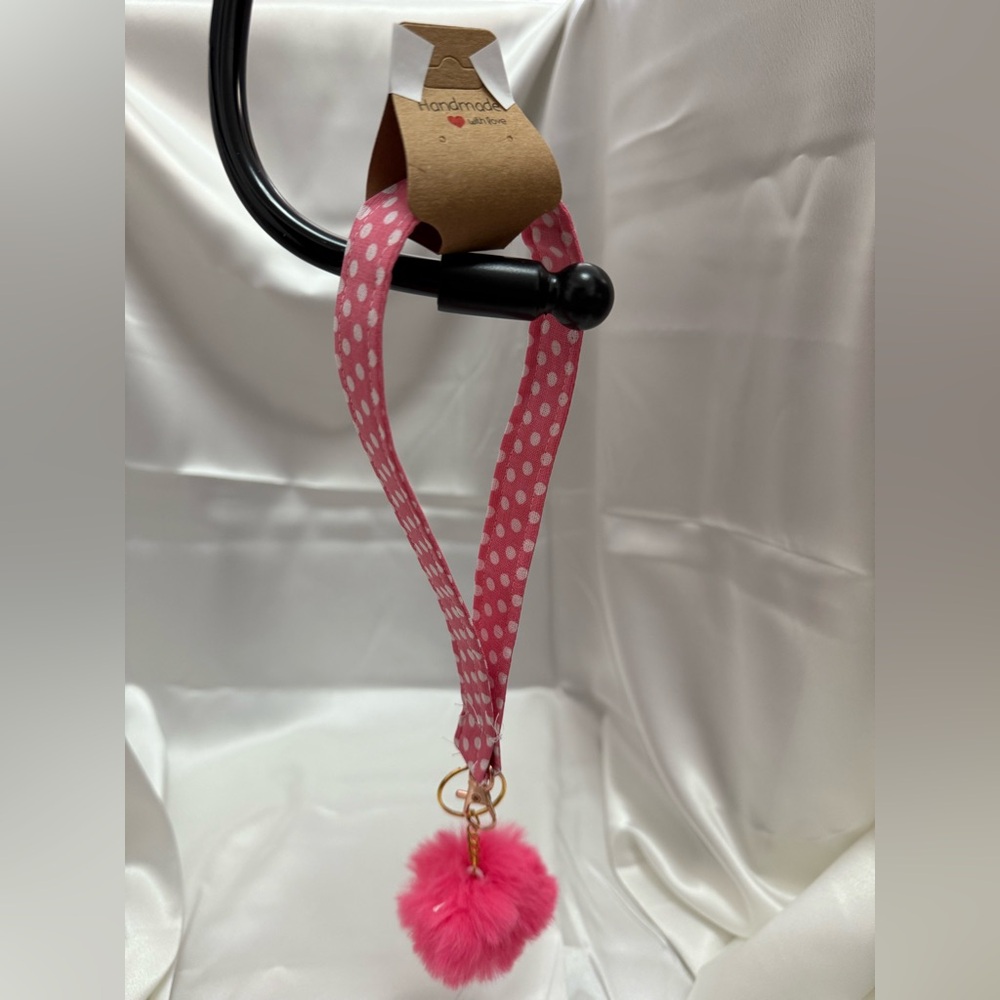 Handmade Pink and White Polka Dot Wristlet Keychain with Pink Pompom
